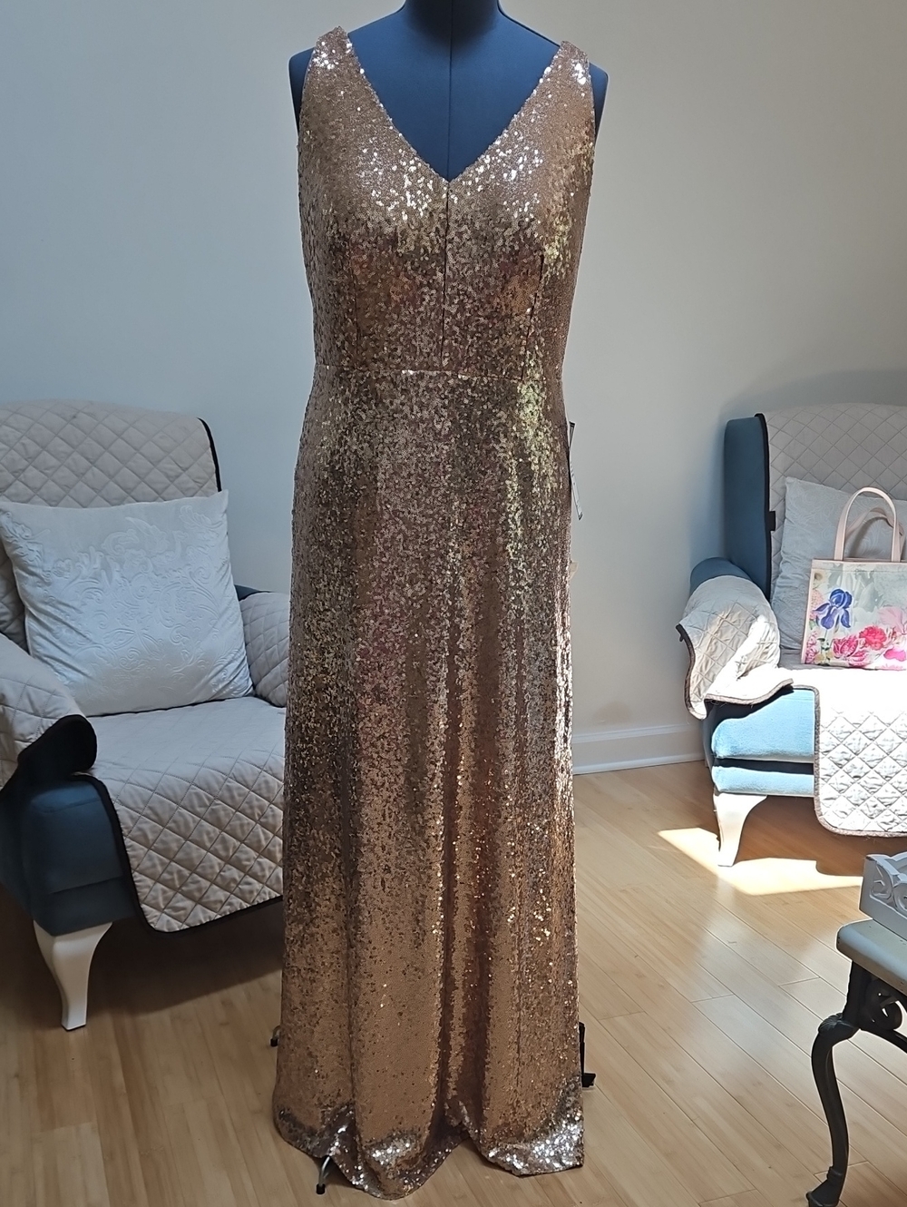 Night Way Collections Rose Gold Sequin V-Neck Gown